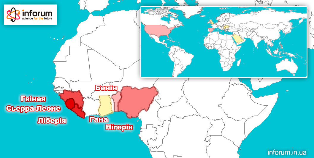 Карта поширення вірусу Ебола